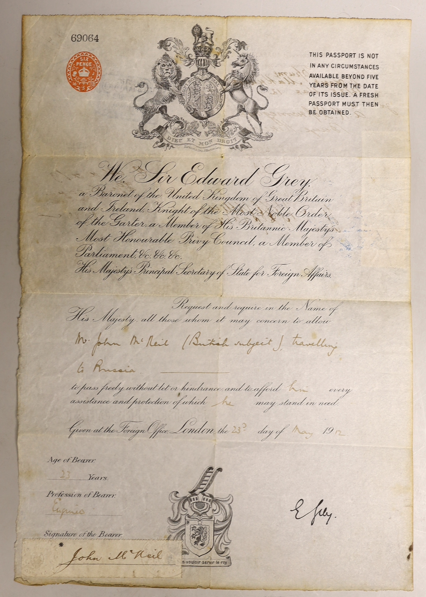 An early 20th century British passport with Russian stamps